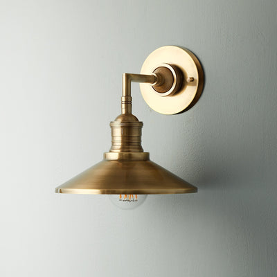 Lyra Antique Brass Wall Lamp With Cone Shade Exposed Bulb - OpalDwell