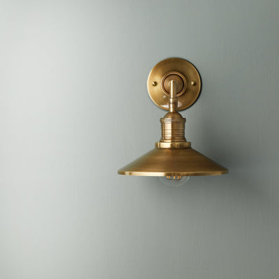 Lyra Antique Brass Wall Lamp With Cone Shade Exposed Bulb - OpalDwell