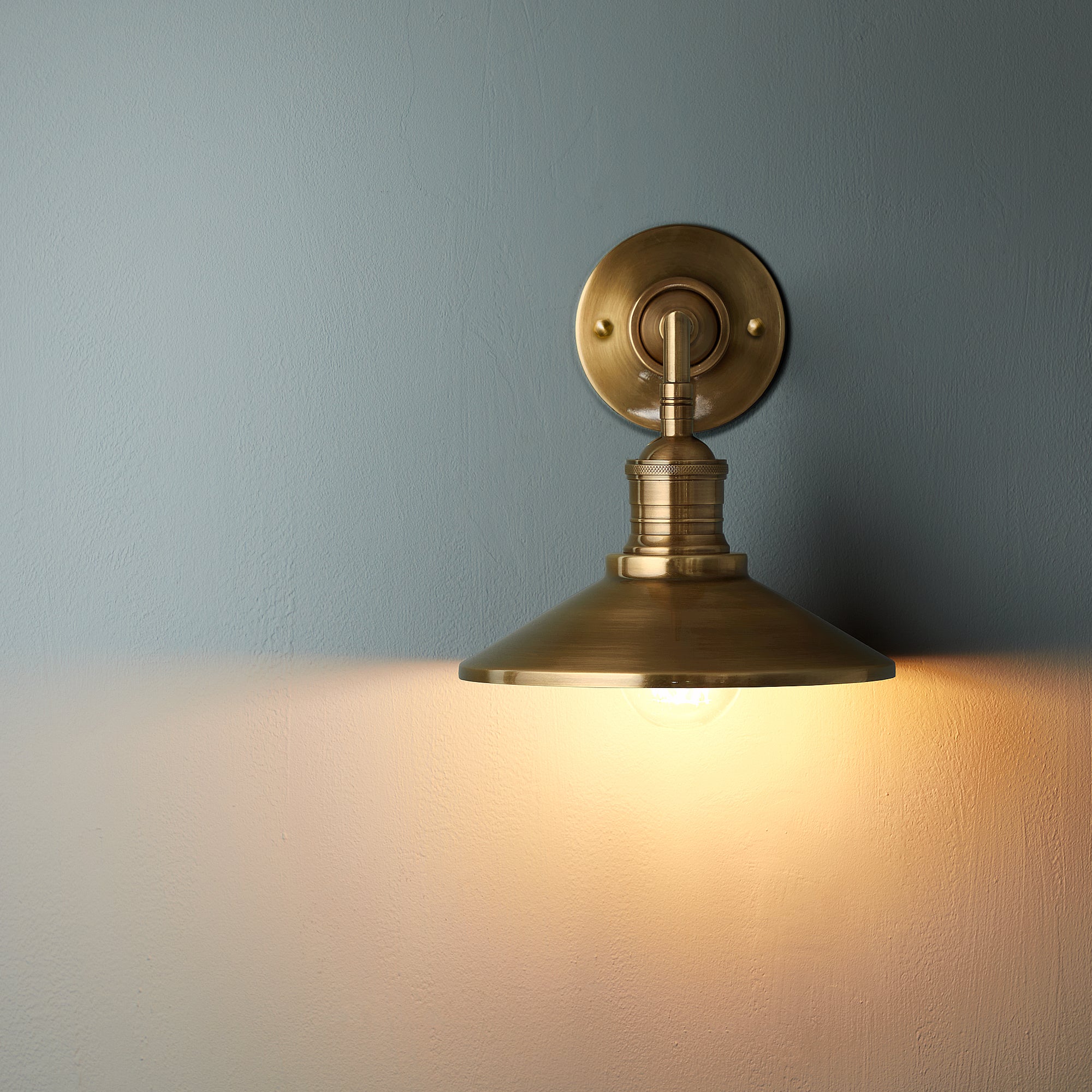 Lyra Antique Brass Wall Lamp With Cone Shade Exposed Bulb - OpalDwell