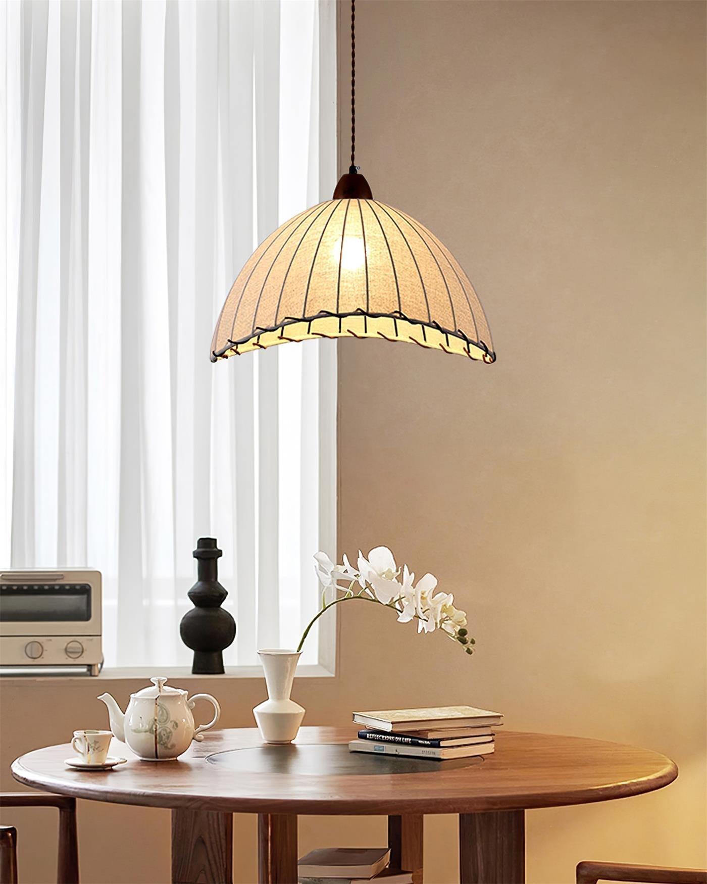 TimberLume Wood Pendant Light With Soft Fabric Shade - OpalDwell