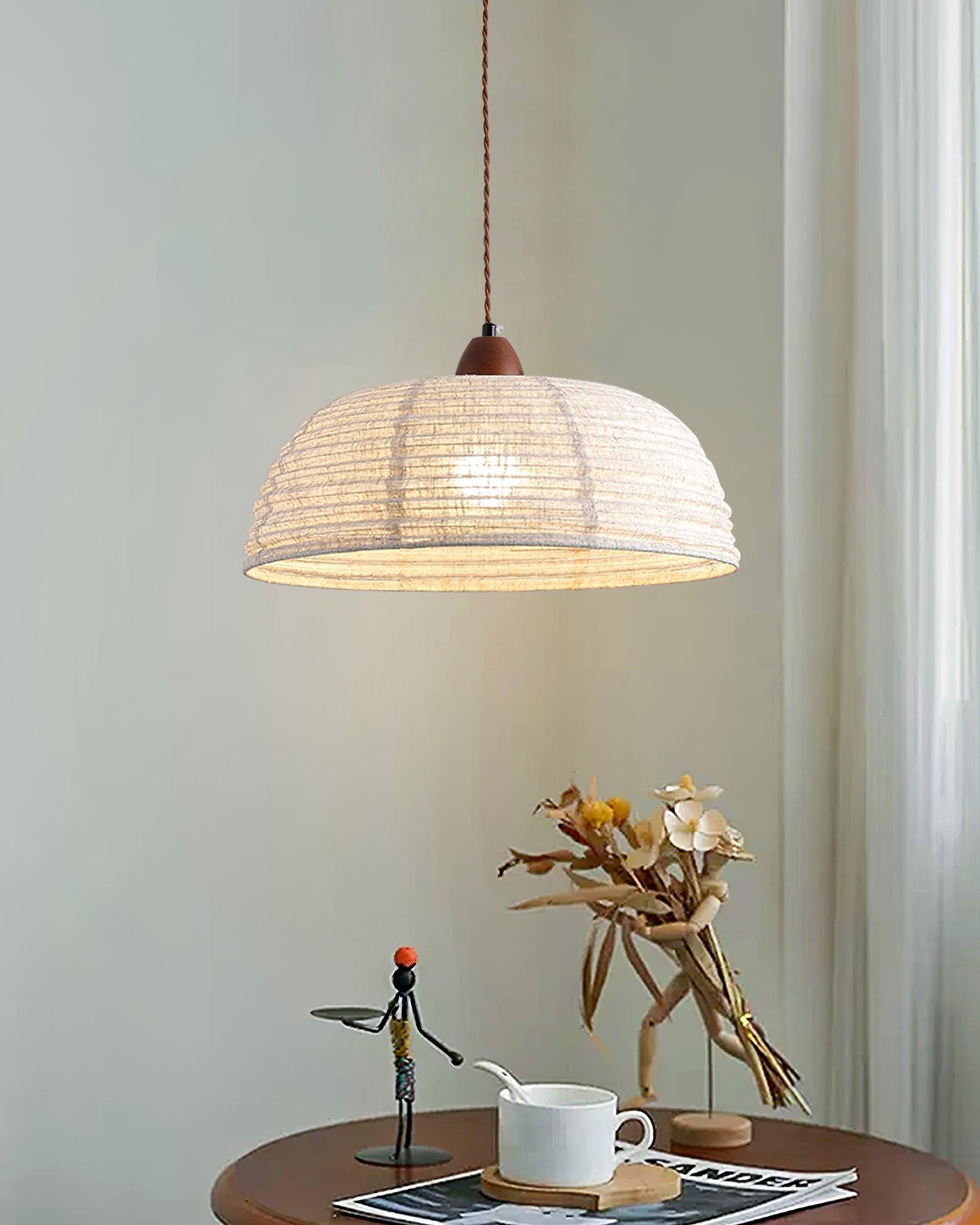 TimberLume Wood Pendant Light With Soft Fabric Shade - OpalDwell