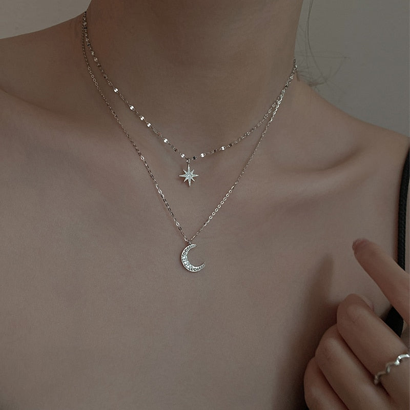 Lyra Moon Duo Necklace Light Silver Limited Edition Layered Pendant - OpalDwell