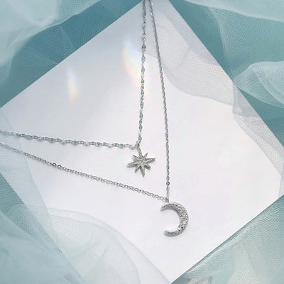 Lyra Moon Duo Necklace Light Silver Limited Edition Layered Pendant - OpalDwell
