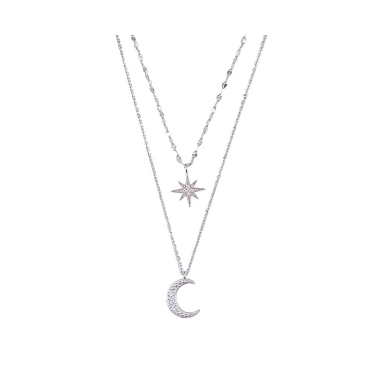 Lyra Moon Duo Necklace Light Silver Limited Edition Layered Pendant - OpalDwell