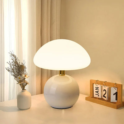 Lyvara Cream Mushroom Table Lamp in Ceramic and PVC Bauhaus Style - OpalDwell