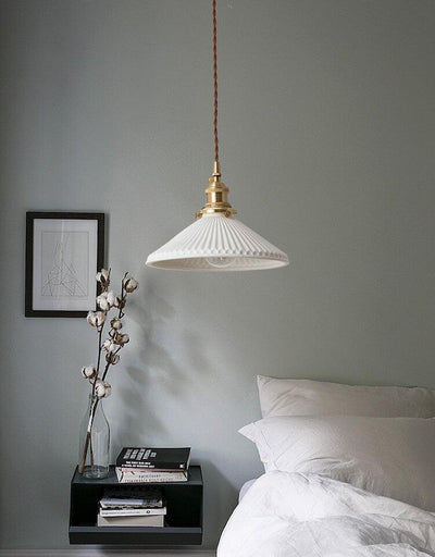 Pleated Hat-Shaped Japanese Ceramic Pendant Lamp With LED Bulb Included - OpalDwell