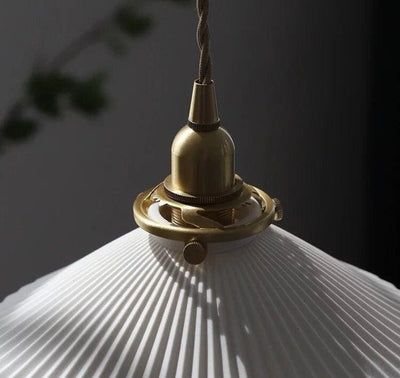 Pleated Hat-Shaped Japanese Ceramic Pendant Lamp With LED Bulb Included - OpalDwell