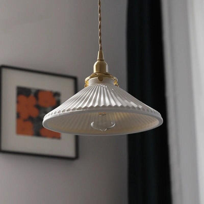 Pleated Hat-Shaped Japanese Ceramic Pendant Lamp With LED Bulb Included - OpalDwell