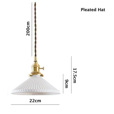 Pleated Hat-Shaped Japanese Ceramic Pendant Lamp With LED Bulb Included - OpalDwell