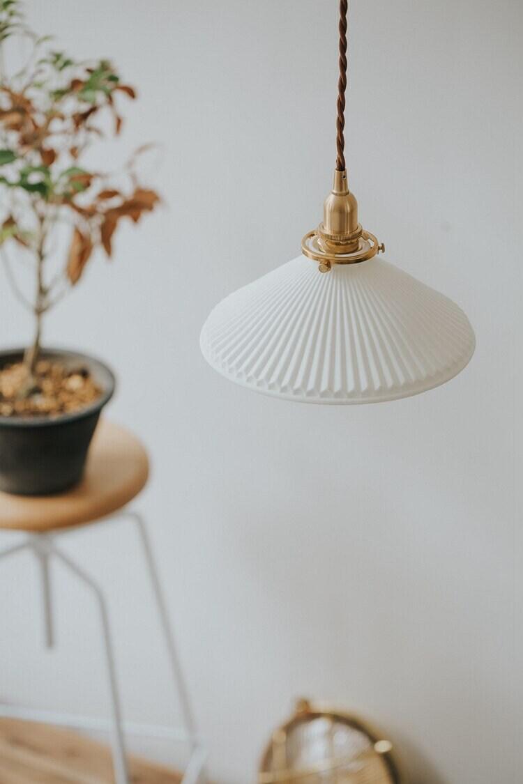 Pleated Hat-Shaped Japanese Ceramic Pendant Lamp With LED Bulb Included - OpalDwell