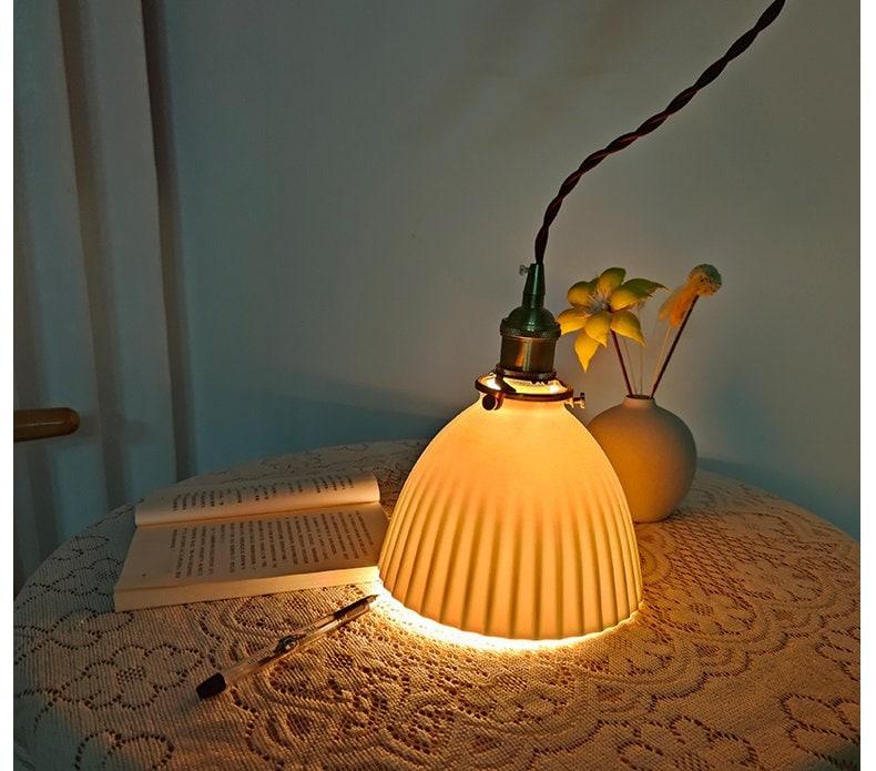 Kazumi | Ribbed Ceramic LED Pendant Light in Japanese Pleated Cup Shape, Bulb Included | OpalDwell - OpalDwell