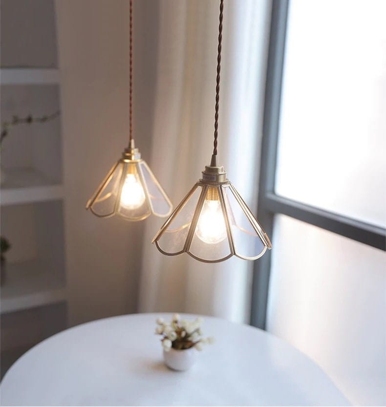 Mirelle Glass Blossom LED Pendant Lamp With Brass Frame, Vintage Style, Bulb Included - OpalDwell