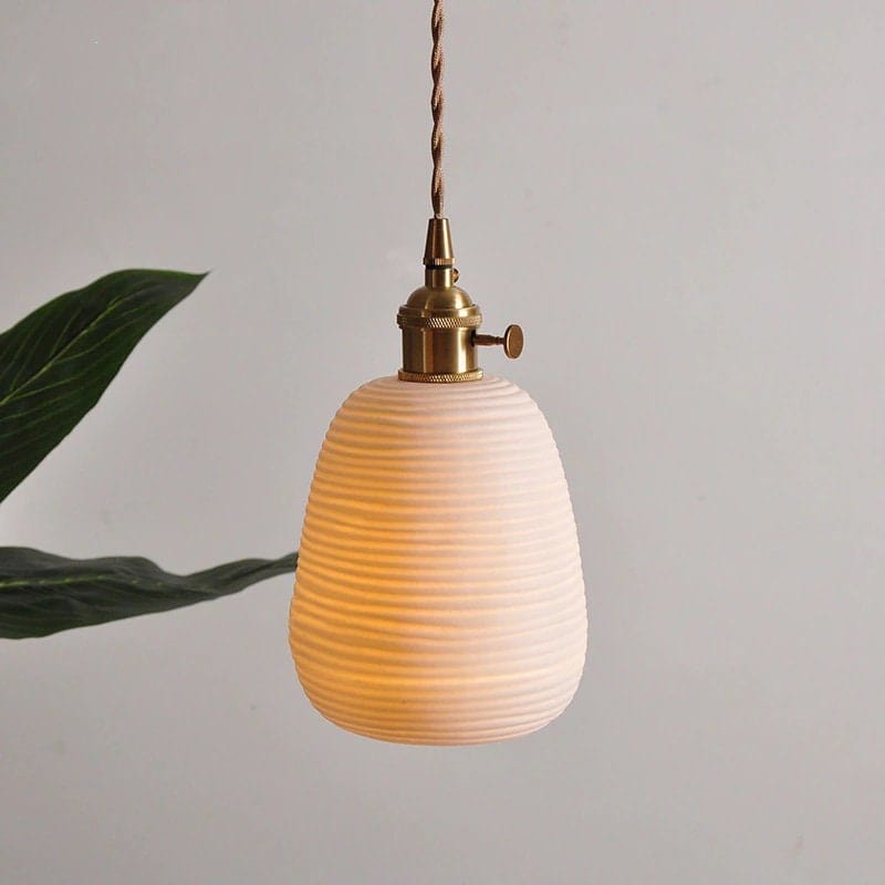Japanese Lantern-Inspired Ribbed Ceramic LED Pendant Light - Bulb Included | OpalDwell - OpalDwell