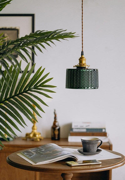 Liora | Glossy Green Glass Cylindrical Pendant Light in Art Deco Style, LED Bulb Included | OpalDwell - OpalDwell