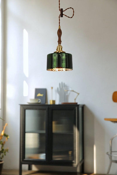 Liora | Glossy Green Glass Cylindrical Pendant Light in Art Deco Style, LED Bulb Included | OpalDwell - OpalDwell