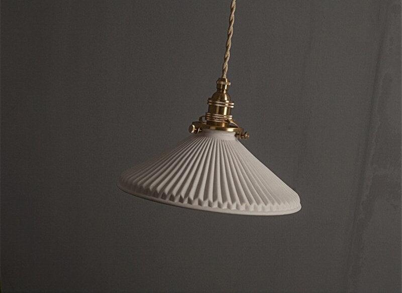 Pleated Hat-Shaped Japanese Ceramic Pendant Lamp With LED Bulb Included - OpalDwell