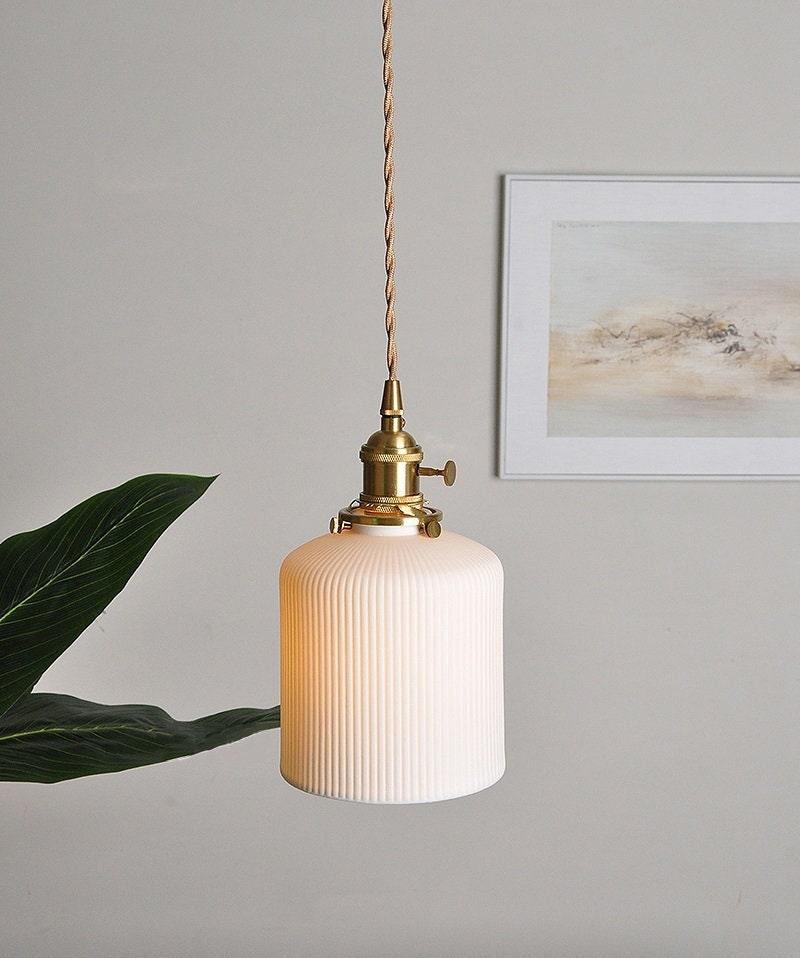 Hanaori | Japanese-Style Ribbed Ceramic Cylinder Pendant Light with LED Bulb Included OpalDwell