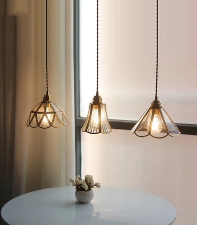 Mirelle Glass Blossom LED Pendant Lamp With Brass Frame, Vintage Style, Bulb Included - OpalDwell