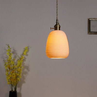 Japanese Lantern-Inspired Ribbed Ceramic LED Pendant Light - Bulb Included | OpalDwell - OpalDwell