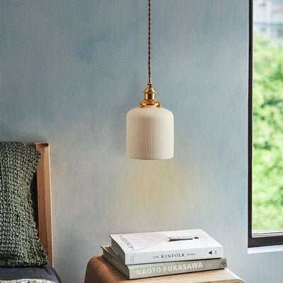 Hanaori | Japanese-Style Ribbed Ceramic Cylinder Pendant Light with LED Bulb Included OpalDwell
