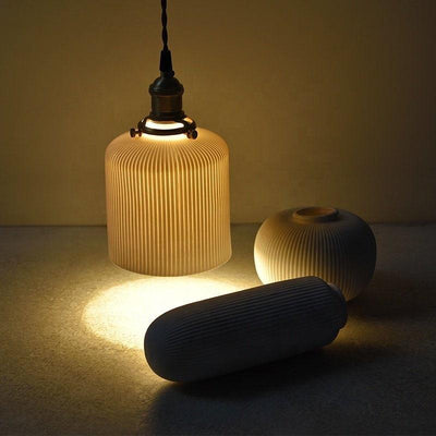 Hanaori | Japanese-Style Ribbed Ceramic Cylinder Pendant Light with LED Bulb Included OpalDwell