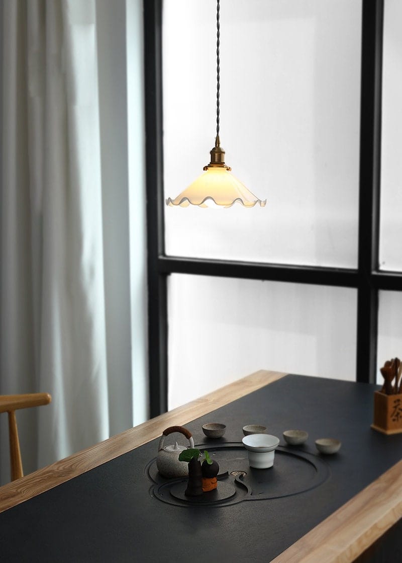 Alvara Vintage White Opaline Glass Flower LED Pendant Light With Brushed Brass Lamp Holder, Bulb Included | OpalDwell - OpalDwell