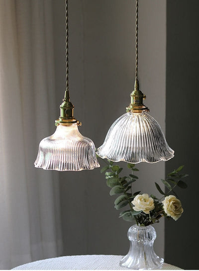 Montfleur French Vintage Fluted Glass Flower Pendant Light With LED Bulb Included - OpalDwell