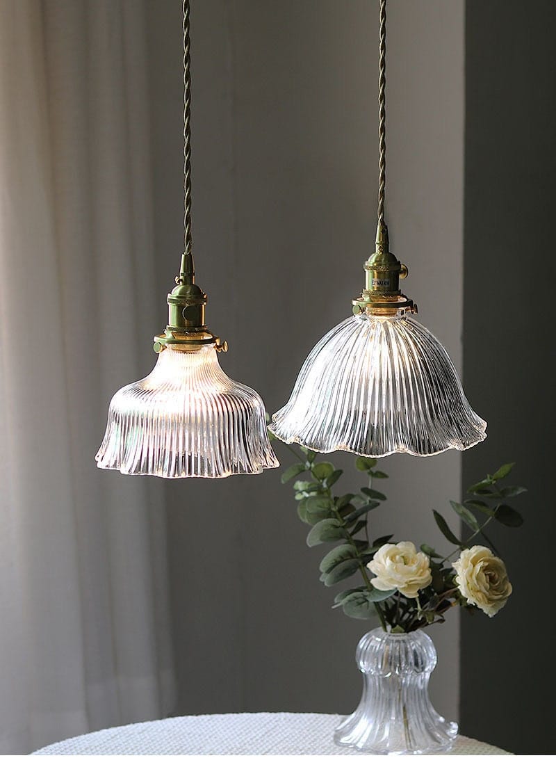 Montfleur French Vintage Fluted Glass Flower Pendant Light With LED Bulb Included - OpalDwell