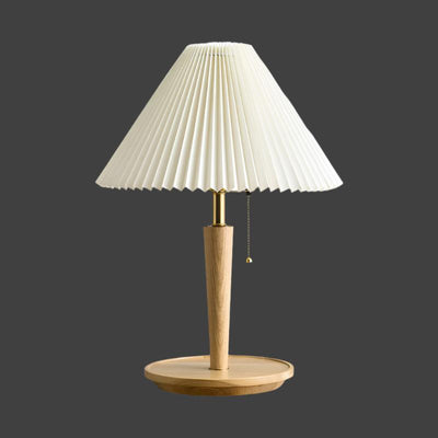 CedarGlow Retro Wood Table Lamp with Pleated Design - OpalDwell