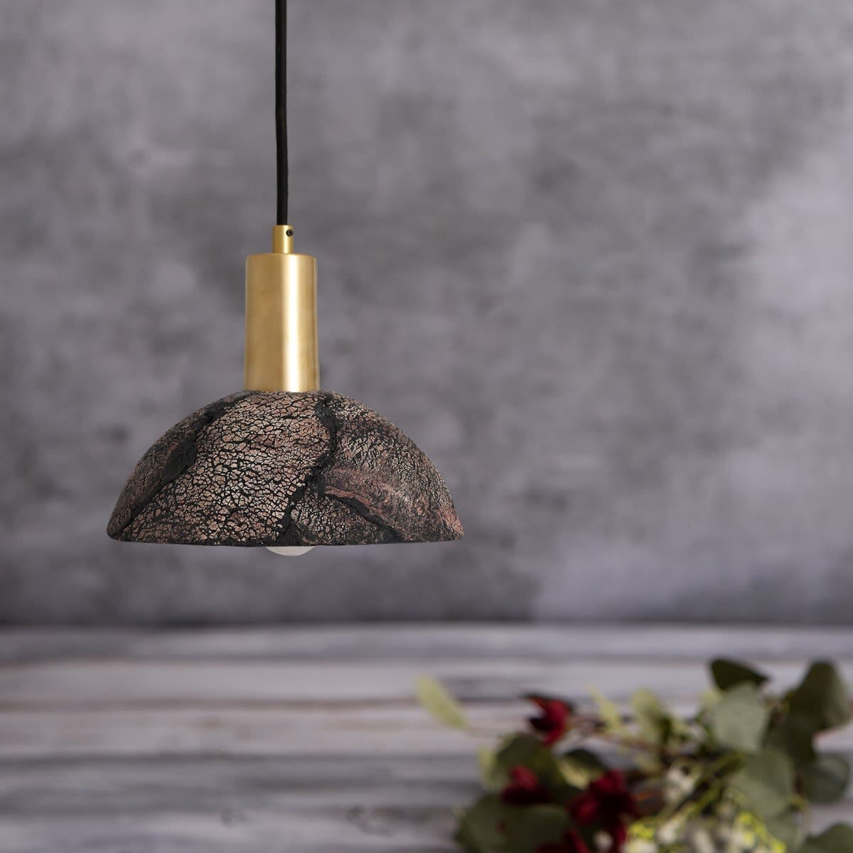 Liora 20cm Organic Ceramic Dome Pendant Light in Black Clay - OpalDwell