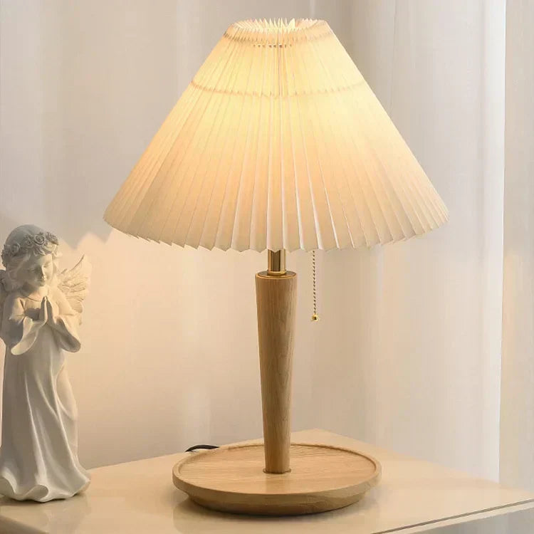 CedarGlow Retro Wood Table Lamp with Pleated Design - OpalDwell