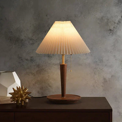 CedarGlow Retro Wood Table Lamp with Pleated Design - OpalDwell