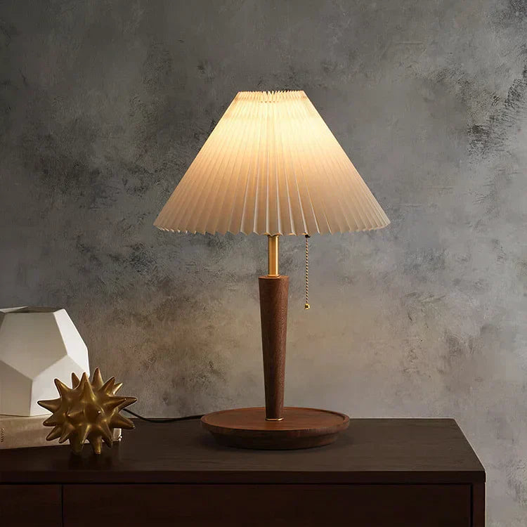 CedarGlow Retro Wood Table Lamp with Pleated Design - OpalDwell
