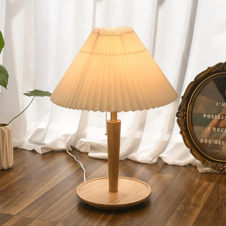 CedarGlow Retro Wood Table Lamp with Pleated Design - OpalDwell