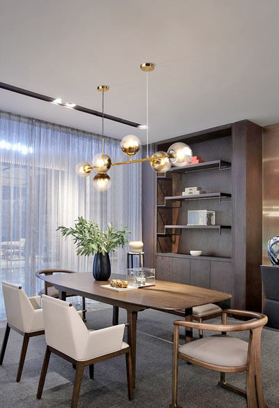 Solara Six-Sphere Amber Glass Pendant Light with Gold Rods - OpalDwell