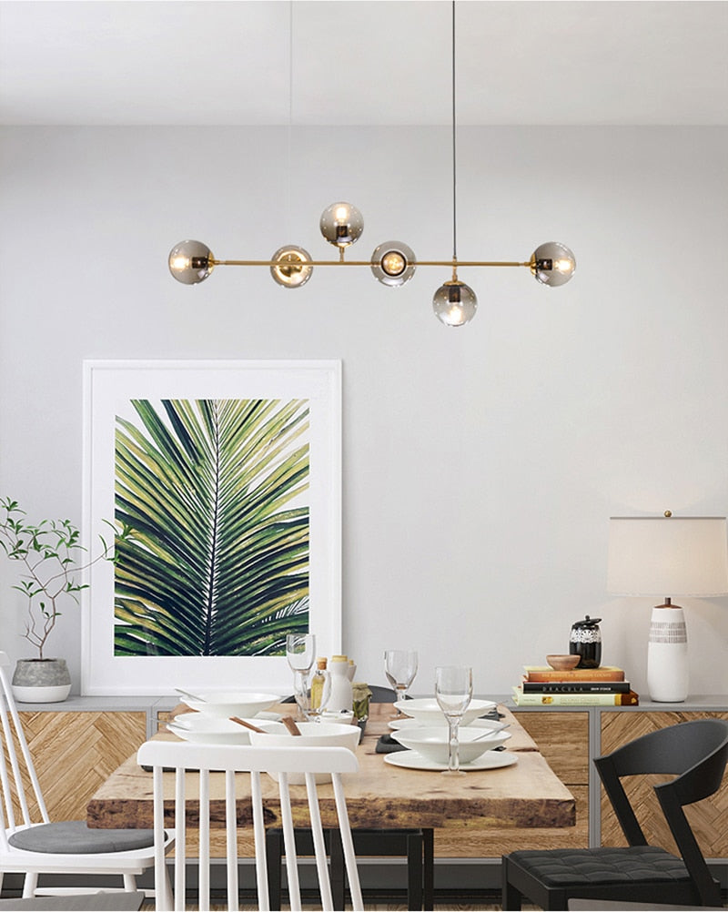 Solara Six-Sphere Amber Glass Pendant Light with Gold Rods - OpalDwell