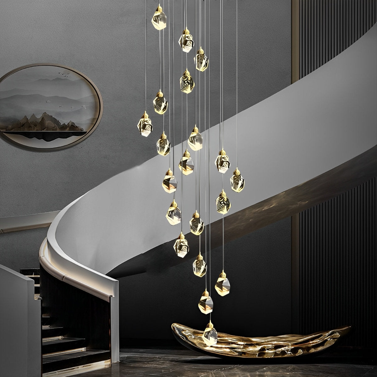 NyraLace Spiral Crystal Droplets Pendant Chandelier for Staircases and Hallways - OpalDwell