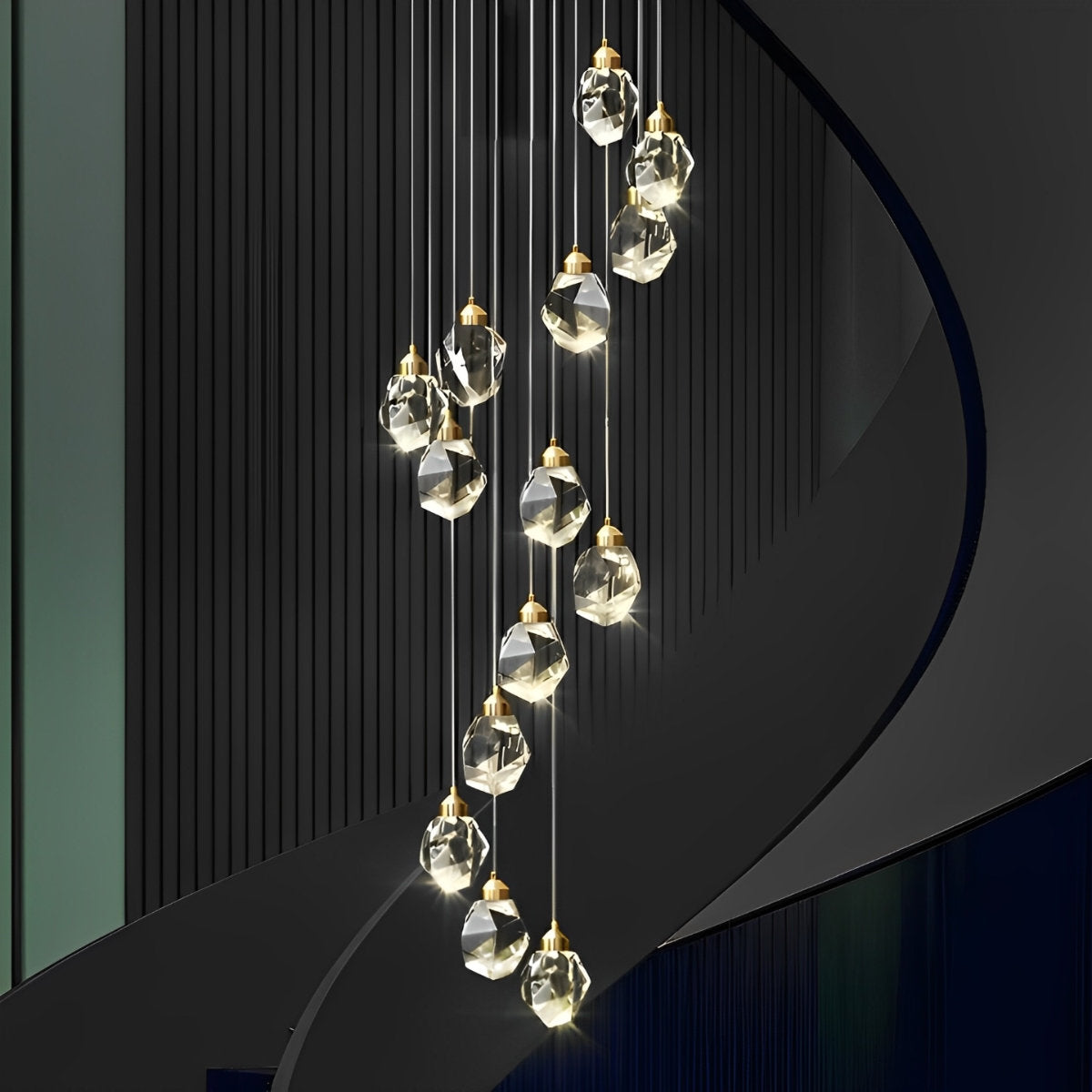 NyraLace Spiral Crystal Droplets Pendant Chandelier for Staircases and Hallways - OpalDwell