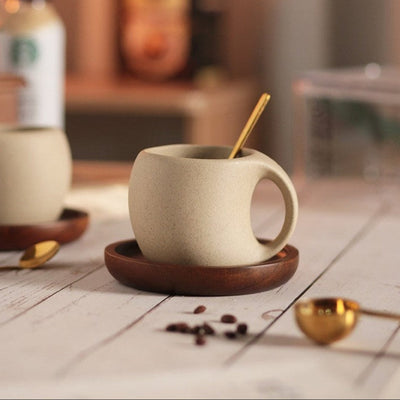 Hana Zen Japanese Inspired Ceramic Coffee Cup Set With Bamboo Saucer And Spoon - OpalDwell